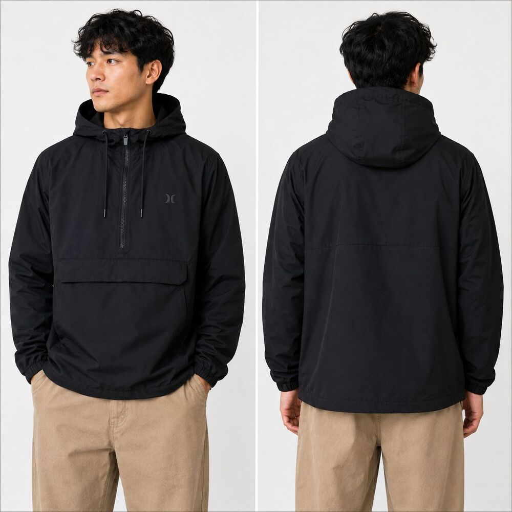 Hurley 1/4 Zip Anorak Jacket Black Men's Lightweight Hooded Pullover XL NWT